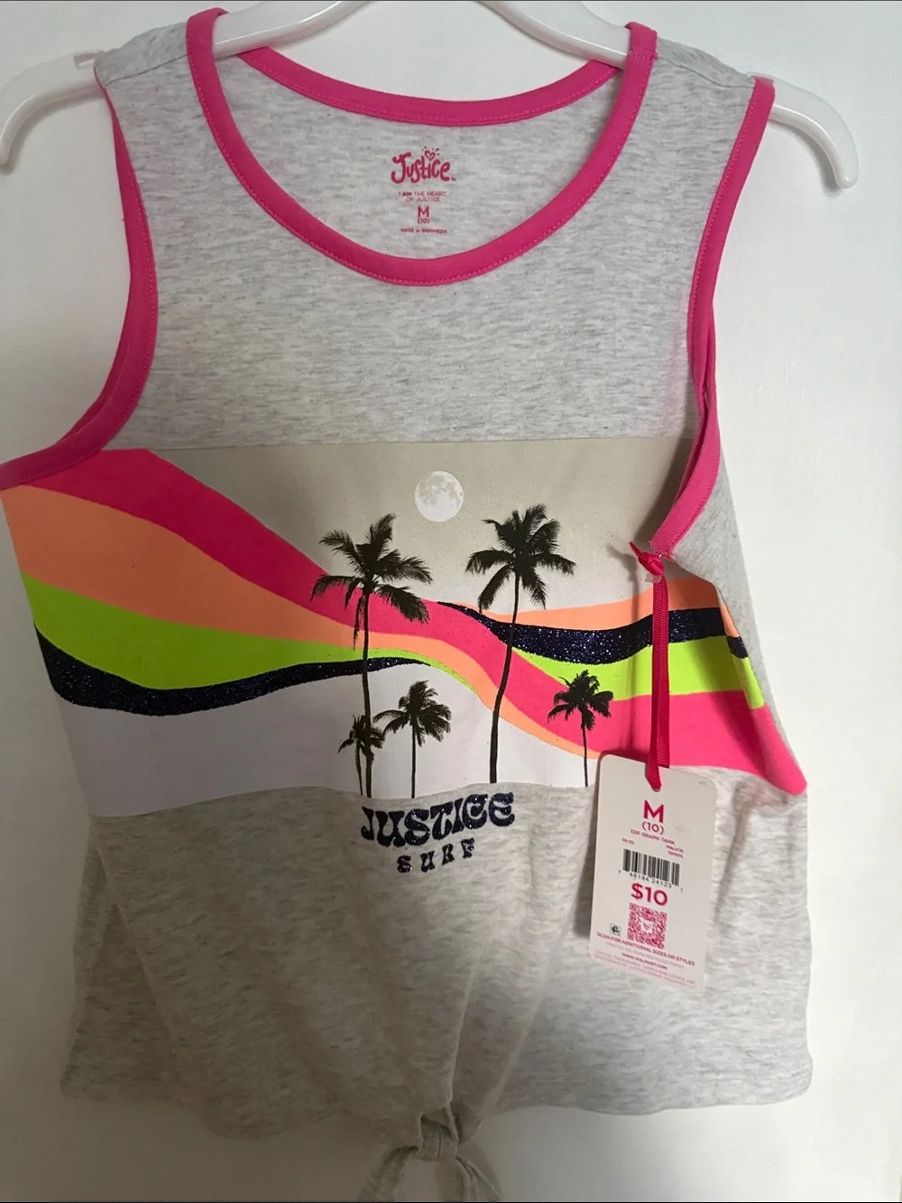 Justice Girls' Gray Tank Top with Neon Surf Graphic